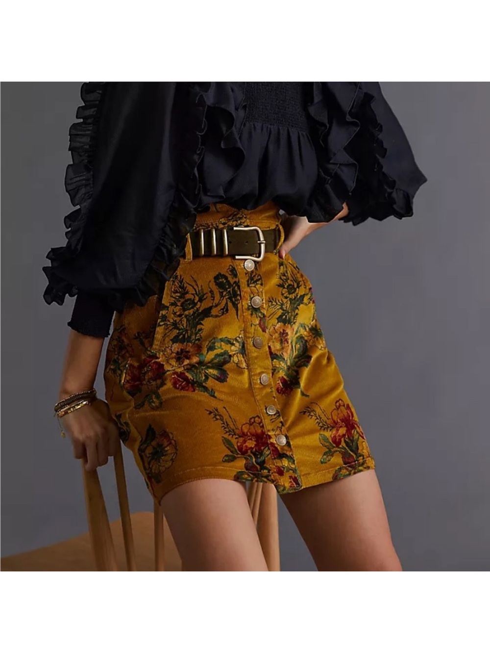 Anthropologie Pilcro Floral Corduroy Mini Skirt Mustard Yellow Boho 70s 14 NEW